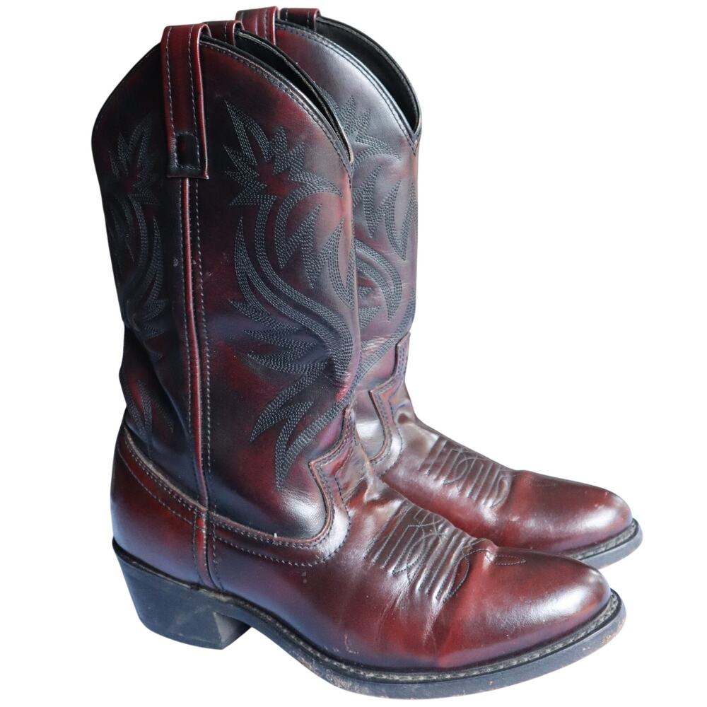 Laredo Oxblood Burgundy Maroon Lea Vamp Fox Mens Western Boots 7.5 Embroidered